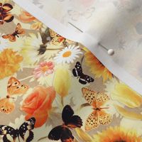 Butterfly Garden with Sunflowers, Roses and Tulips - apricot beige, microprint 