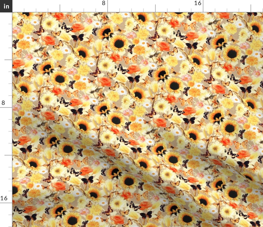 Butterfly Garden with Sunflowers, Roses and Tulips - apricot beige, microprint 
