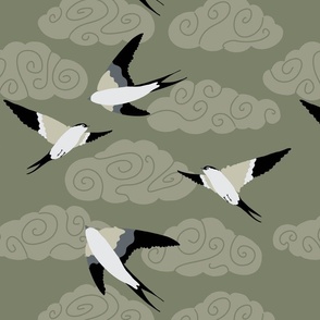 flying swallows / bird in a sky with clouds - sage green on darker - medium scale