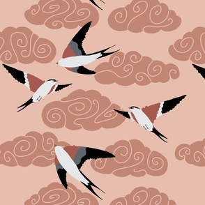 flying swallows / bird in a sky with clouds - warm red brown - medium scale