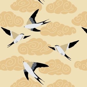 flying swallows / bird in a sky with clouds - gold yellow on light yellow - medium scale