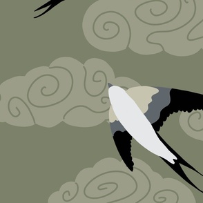 flying swallows / bird in a sky with clouds - sage green on darker - large scale