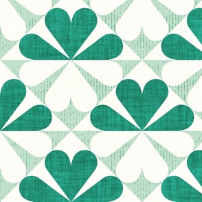 Large jumbo scale // Geometric retro four-leaf clover // emerald and apple green flower linen and grunge texture wallpaper scale