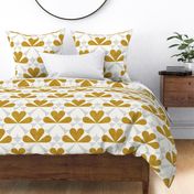 Large jumbo scale // Geometric retro four-leaf clover // mustard yellow and gray flower linen and grunge texture wallpaper scale