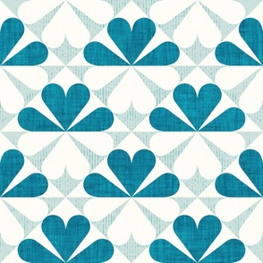 Normal scale // Geometric retro four-leaf clover // teal and sea glass flower linen and grunge texture 