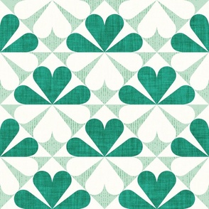 Normal scale // Geometric retro four-leaf clover // emerald and apple green flower linen and grunge texture 