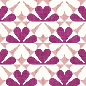 Normal scale // Geometric retro four-leaf clover // berry and blush pink flower linen and grunge texture wallpaper scale