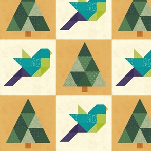 Blue Bird and Evergreen Patchwork Cheater Quilt