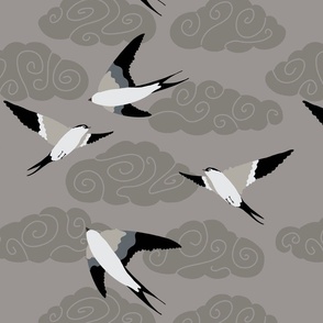 flying swallows / bird in a sky with clouds - grey - medium scale