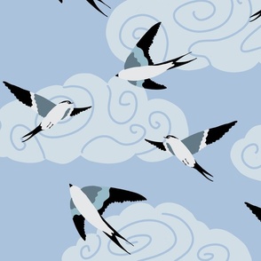 flying swallows / bird in a sky with clouds - blue - large scale