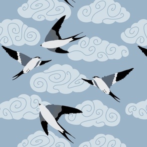 flying swallows / bird in a sky with clouds - blue - medium scale