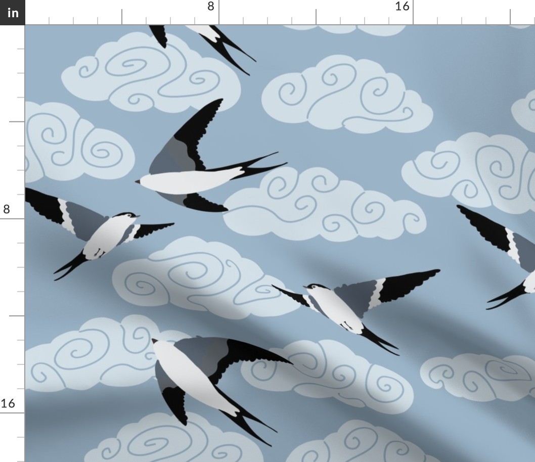 flying swallows / bird in a sky with clouds - blue - medium scale