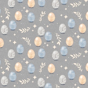 Blue Beige Grey decorated easter egg pattern on grey background and plants