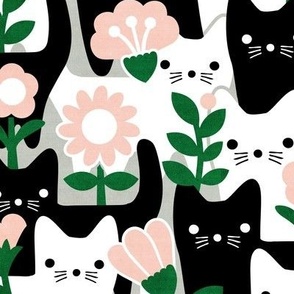 M - Flower Cats Black White Gray Pink 