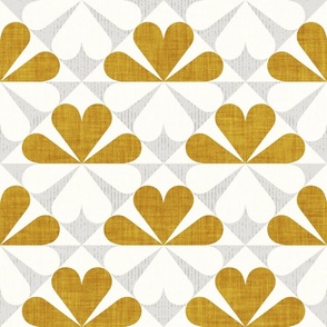 Normal scale // Geometric retro four-leaf clover // mustard yellow and gray flower linen and grunge texture wallpaper scale