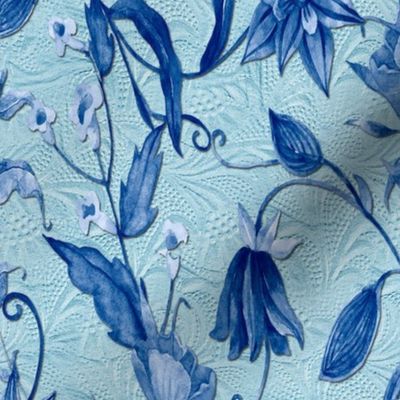 Blue background texture with flowers and leaves