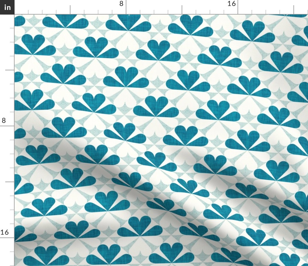 Small scale // Geometric retro four-leaf clover // teal and sea glass flower linen and grunge texture wallpaper scale