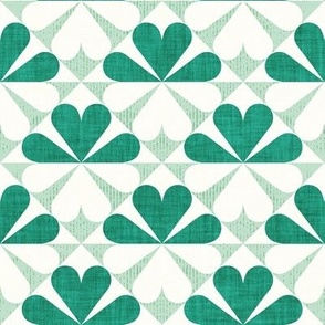 Small scale // Geometric retro four-leaf clover // emerald and apple green flower linen and grunge texture wallpaper scale