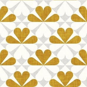 Small scale // Geometric retro four-leaf clover // mustard yellow and gray flower linen and grunge texture wallpaper scale
