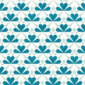 Tiny scale // Geometric retro four-leaf clover // teal and sea glass flower linen and grunge texture dollhouse wallpaper 
