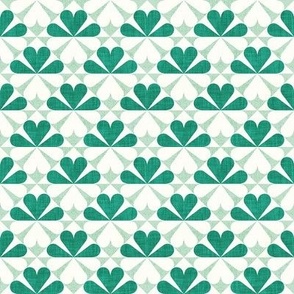 Tiny scale // Geometric retro four-leaf clover // emerald and apple green flower linen and grunge texture dollhouse wallpaper 