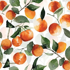 18" Fresh orange lemonade - colorful summer watercolor orange and green fruit dance - nostalgic naive hand painted orange fruit and leaves home decor on white double layer,  Baby Girl and nursery fabric perfect for kidsroom wallpaper, home decor, kids roo