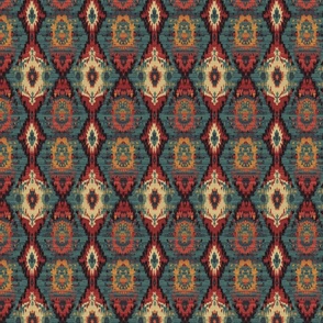 Rich orange russet blue indigo IKAT woven pattern 