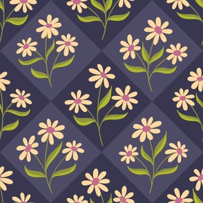 Daisy Diamonds - creamy daisies on a rich purple diamond background - large scale - shw1034