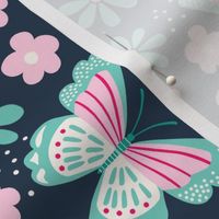 Large Scale Spring Butterflies and Flowers on Navy