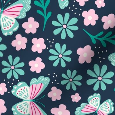 Large Scale Spring Butterflies and Flowers on Navy