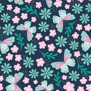 Medium Scale Spring Butterflies and Flowers on Navy