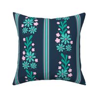 Large Scale Pink and Mint Dainty Flowers and French Ticking Stripes on Navy