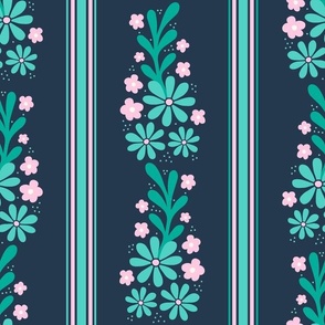 Large Scale Pink and Mint Dainty Flowers and French Ticking Stripes on Navy