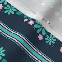 Medium Scale Pink and Mint Dainty Flowers and French Ticking Stripes on Navy