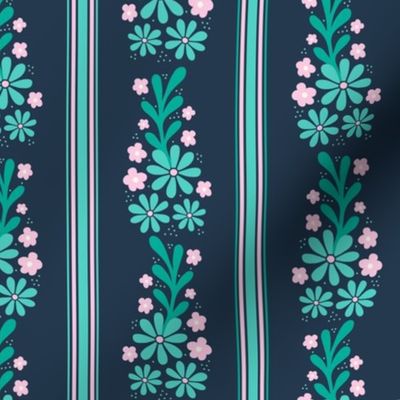 Medium Scale Pink and Mint Dainty Flowers and French Ticking Stripes on Navy