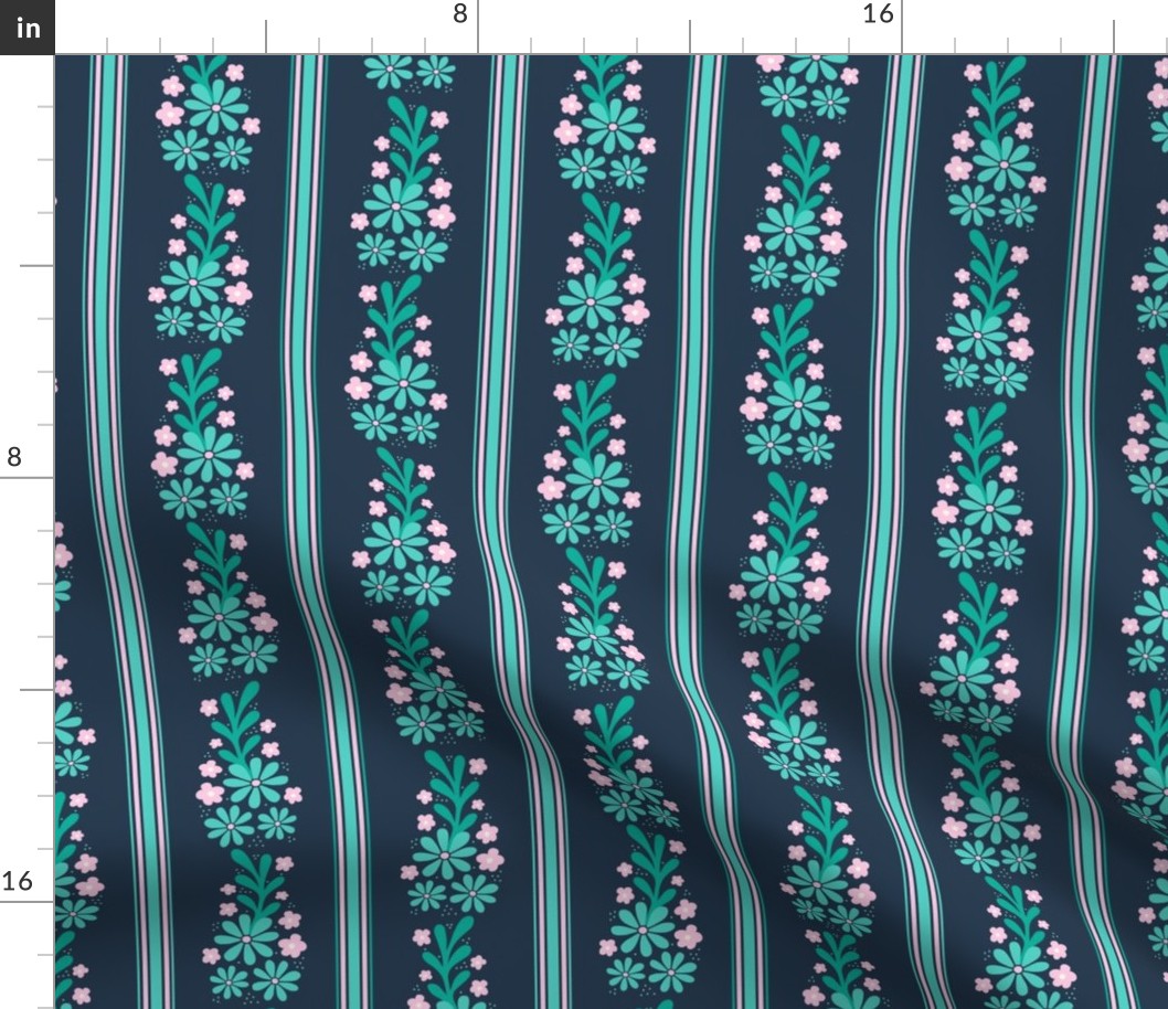 Medium Scale Pink and Mint Dainty Flowers and French Ticking Stripes on Navy