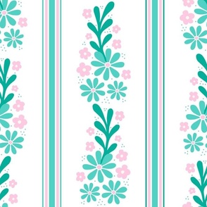 Large Scale Pink and Mint Dainty Flowers and French Ticking Stripes on White