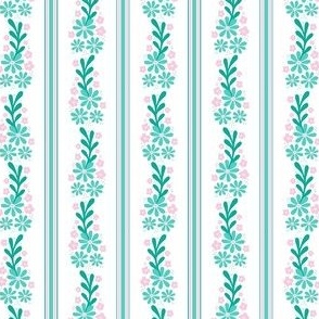 Dollhouse Scale Pink and Mint Dainty Flowers and French Ticking Stripes on Navy