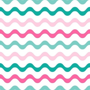 Large Scale Pink and Mint Wavy Stripes on White