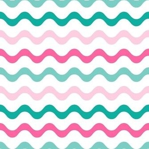 Medium Scale Pink and Mint Wavy Stripes on White