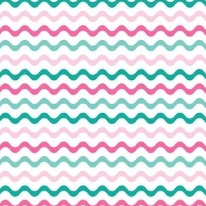 Small Scale Pink and Mint Wavy Stripes on White