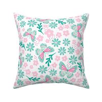 Large Scale Pink and Mint Dainty Butterflies and Flowers on White