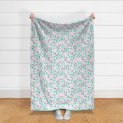 Large Scale Pink and Mint Dainty Butterflies and Flowers on White