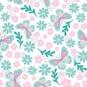 Medium Scale Pink and Mint Dainty Butterflies and Flowers on White