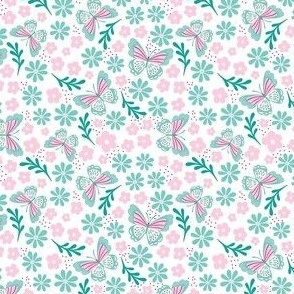 Small Scale Pink and Mint Dainty Butterflies and Flowers on White