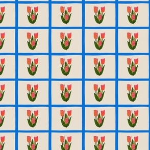 Neon Pink Tulips Blue Windowpane Plaid Multi Color Spring Floral Small Scale