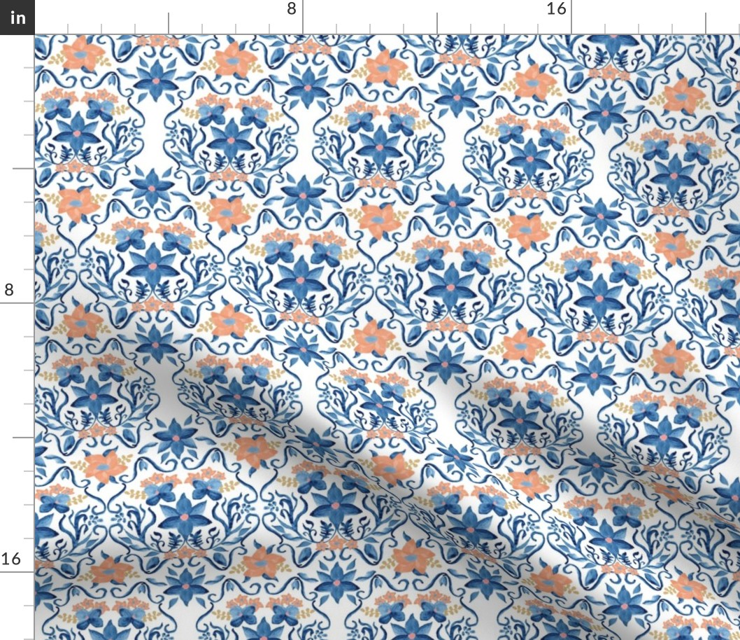 Watercolor Damask, blue, 8 inch