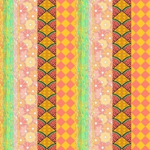 Vertical multi patterned stripes in watermelons brights 6” repeat