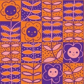 Cute Retro Flower Smiles,  Orange and Purple Groovy Flowers