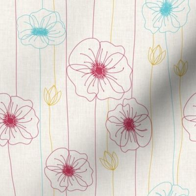 Poppy Flowers - Line Art - viva magenta, blue, yellow